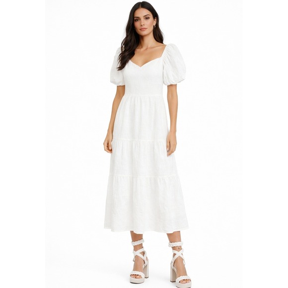 Jessica Simpson Dresses & Skirts - Jessica Simpson Tiered Midi Dress Womens M White Puff Sleeve Cutout Tie EUC
